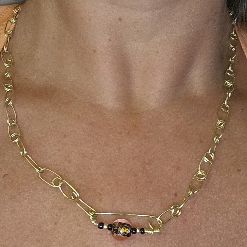 Gold Paperclip Necklace with Artistic Bead